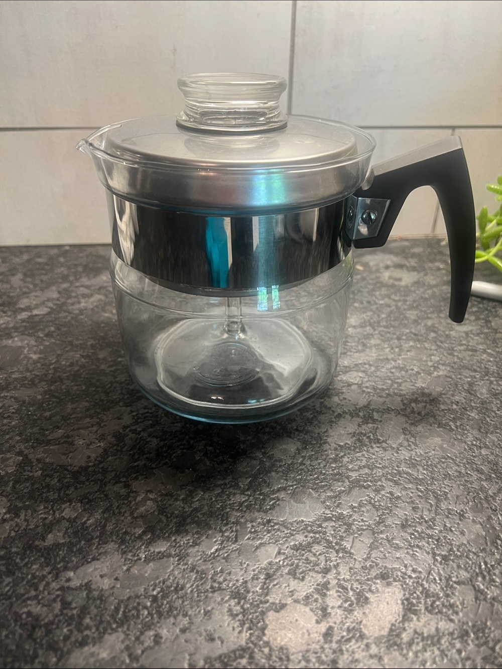 Vintage 4 cup Stovetop Pyrex Flameware Coffee Pot Stainless Lid & Black Handle